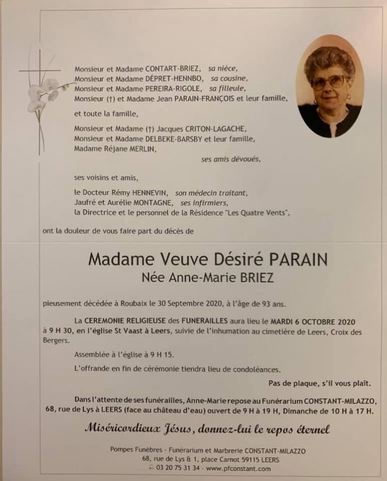 Avis Décès - Pompes Funèbres Magré Leers