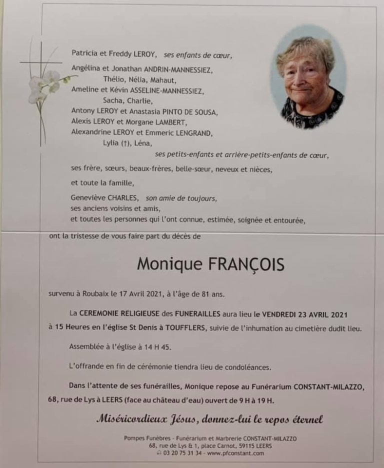 Avis Décès - Pompes Funèbres Magré Leers